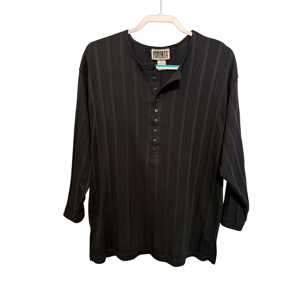 Vintage Forenza Black Ribbed Henley‎ Long Sleeve Top Womens Large 90s Minimalist